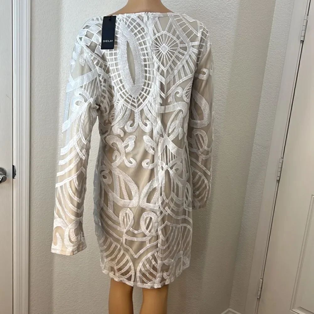 Sheilay Dress Size 3XL Sheer White Embroidered Beige Lining V Neck Long Sleeve - Picture 5 of 9